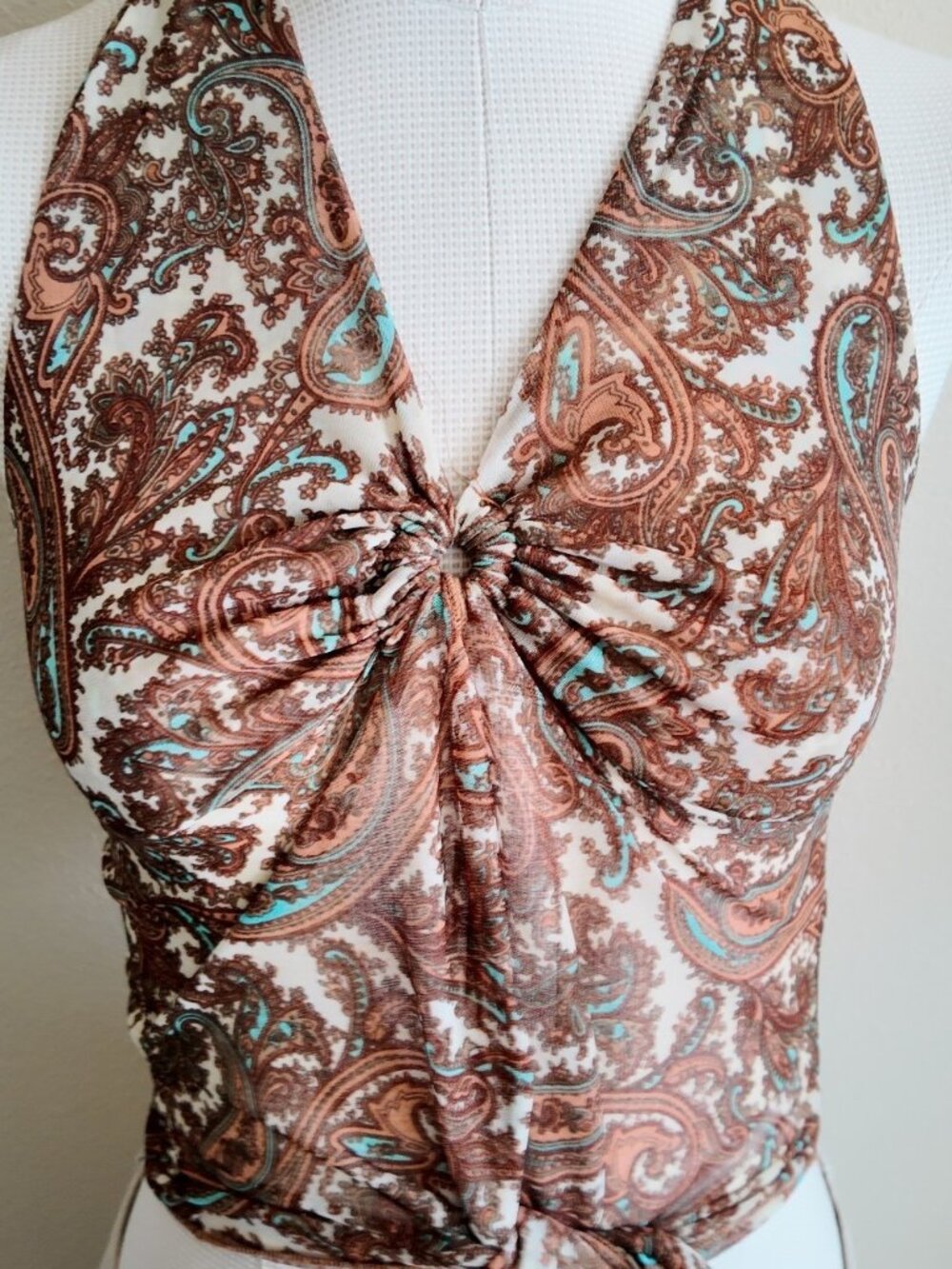 Flamingo USA Halter Top Size L Paisley Turquoise Brown O-Ring Y2K Boho Festival